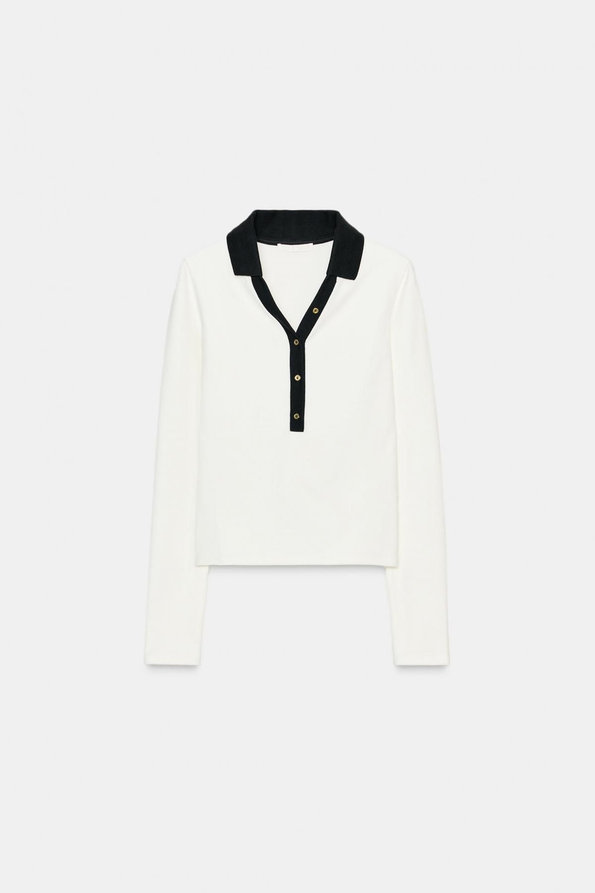 자라 슬림핏 배색 카라 브이넥 폴로 니트 탑 0085/853 OYSTER-WHITE - 상품 이미지