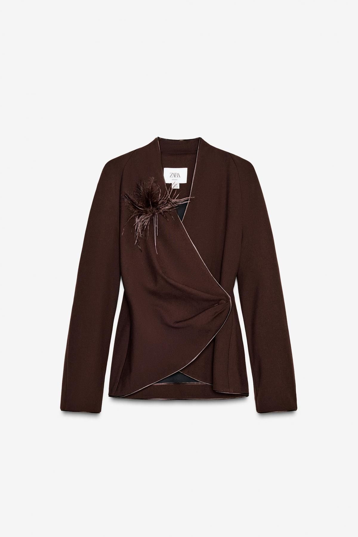자라 한정판 페더 드레이프 브이넥 셔츠 9192/873 DARK BROWN - 상품 이미지