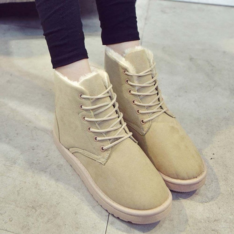 베이지색 여성 워커 털신발 앵글 부츠 겨울 털부츠 미들 롱부츠 부티 패딩 앵클부츠 - 상품 이미지