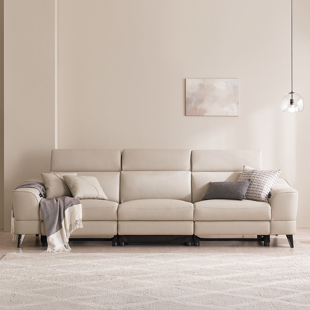 장인가구 파테르 제로월 양방향 전동 가죽 리클라이너 소파 스툴미포함, 아이보리, 3인용