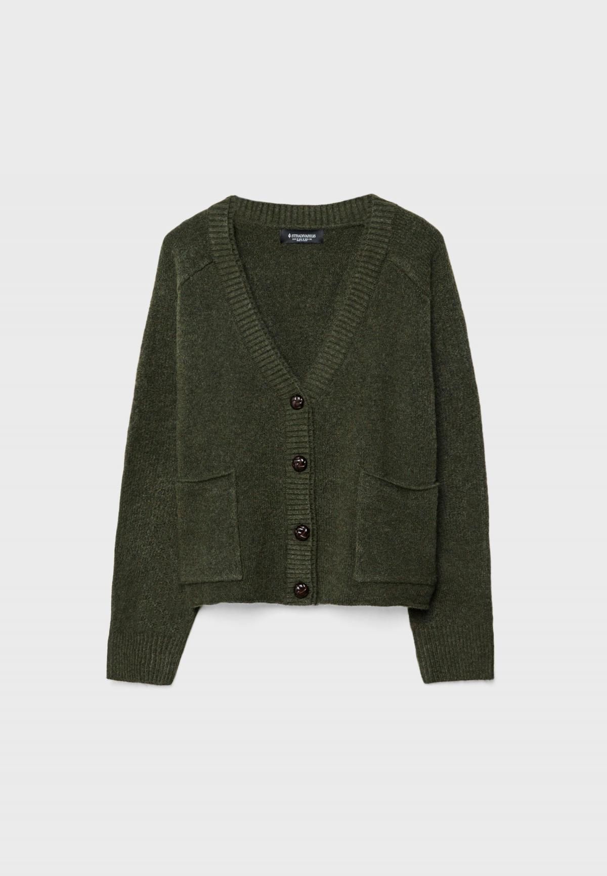스트라디바리우스 레이어드 카라 브이넥 니트 가디건 5134/411 GREEN - 메인 이미지