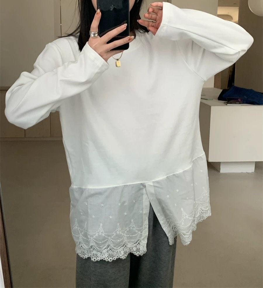 ［호재］밑단 레이스 레이어드 티셔츠 - 상품 이미지