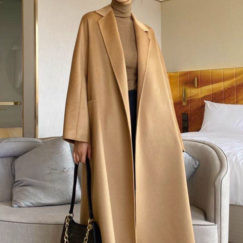 핸드메이드 여성 겨울 코트 캐시미어100 지블링 숄카라 카멜 벨티드 가벼운 롱 코트 상세 이미지 7