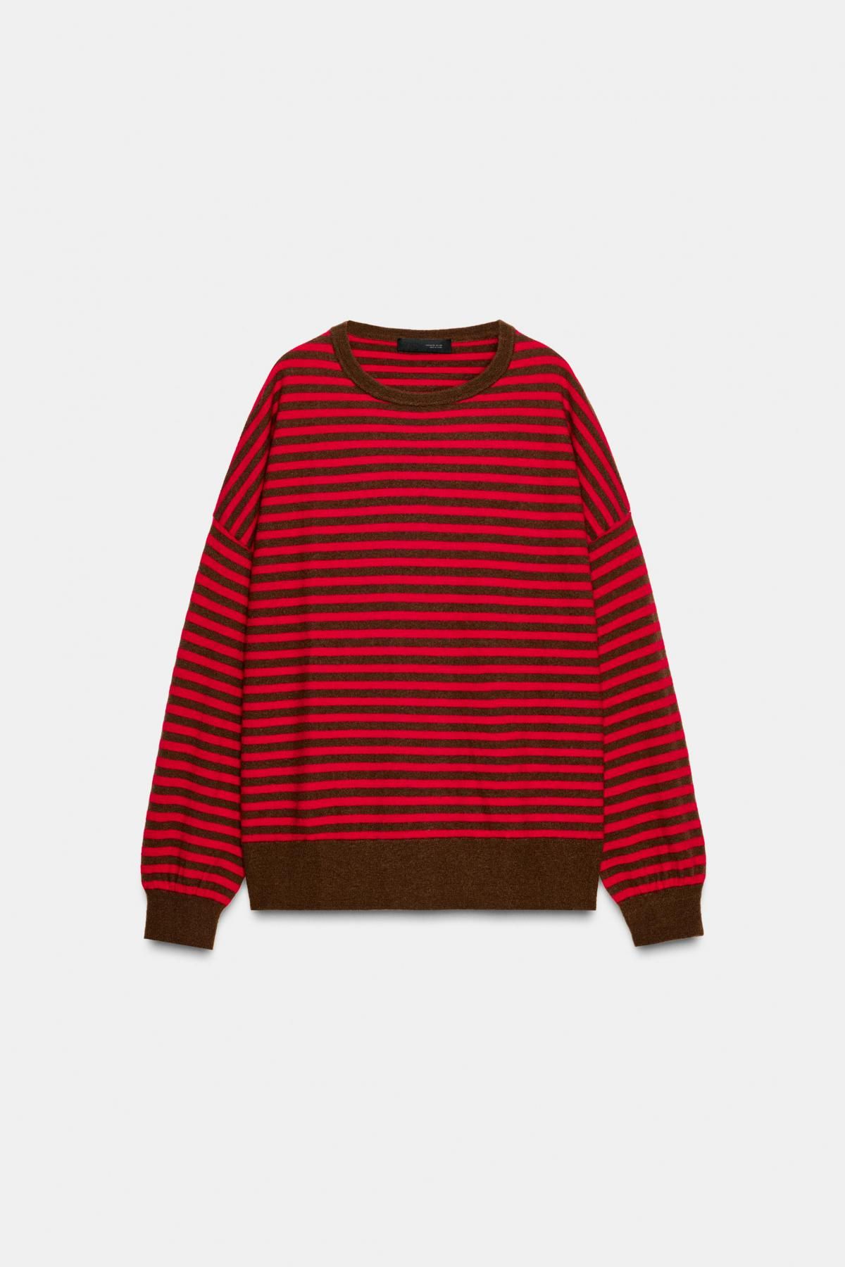 자라 프리미엄 스트라이프 울 라운드넥 스웨터 9598/137 BROWN STRIPES - 상품 이미지