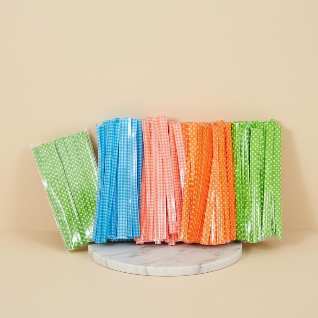 체크 도트 페트빵끈(12cm) 약100개 봉지 포장 무늬 리본 칼라빵끈 타이끈 - 상품 이미지
