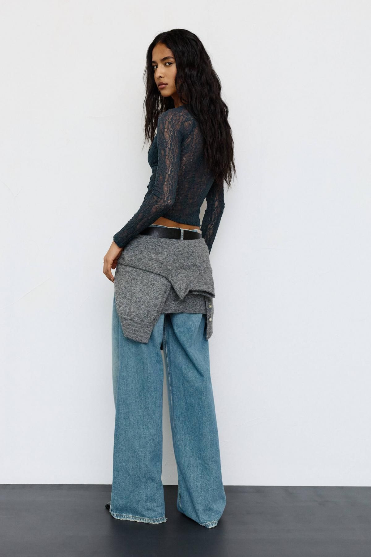 풀앤베어 레이스 코르셋 브이넥 긴팔 탑 7153/354 BLUISH GREY - 상세 이미지 4