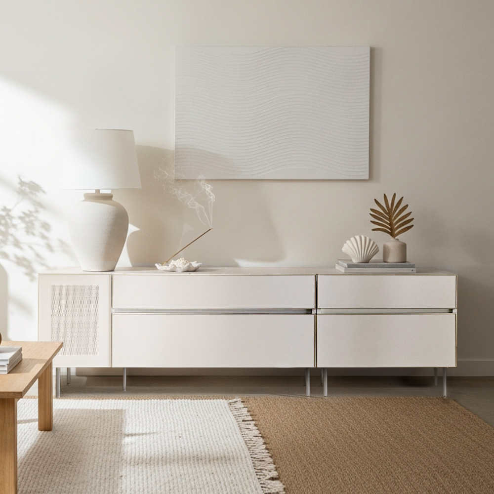 장인가구 무와 E0등급 하이그로시 티비 tv 다이 모던 슬림 높은 거실장 1200+600 SET, 아이보리