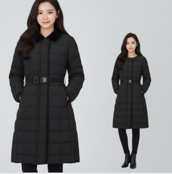 네파 여성 겨울 사각 패턴 넥리스 스타일 경량 아웃도어 롱 다운 점퍼 - 상품 이미지