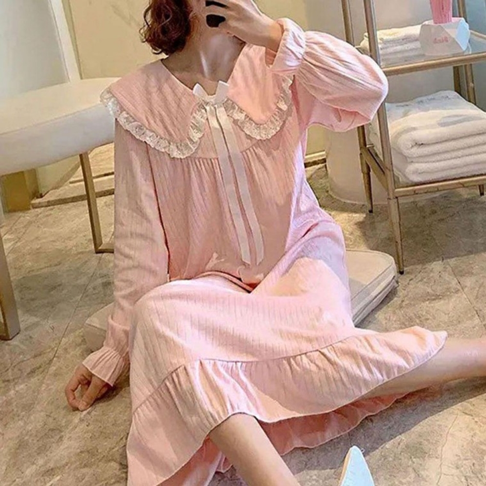 카라 레이스 여성 홈웨어 리본 편한 원피스 - 상품 이미지