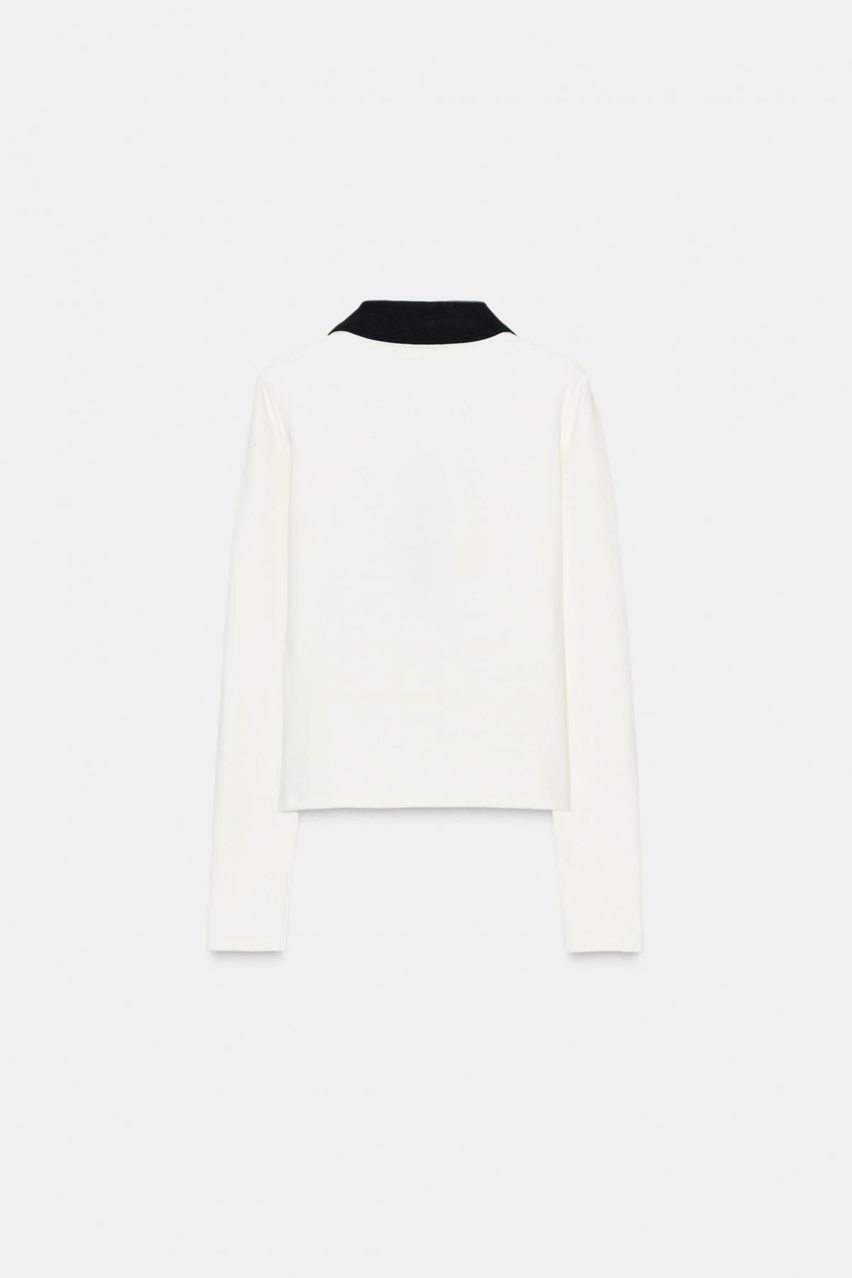 자라 슬림핏 배색 카라 브이넥 폴로 니트 탑 0085/853 OYSTER-WHITE - 상세 이미지 4