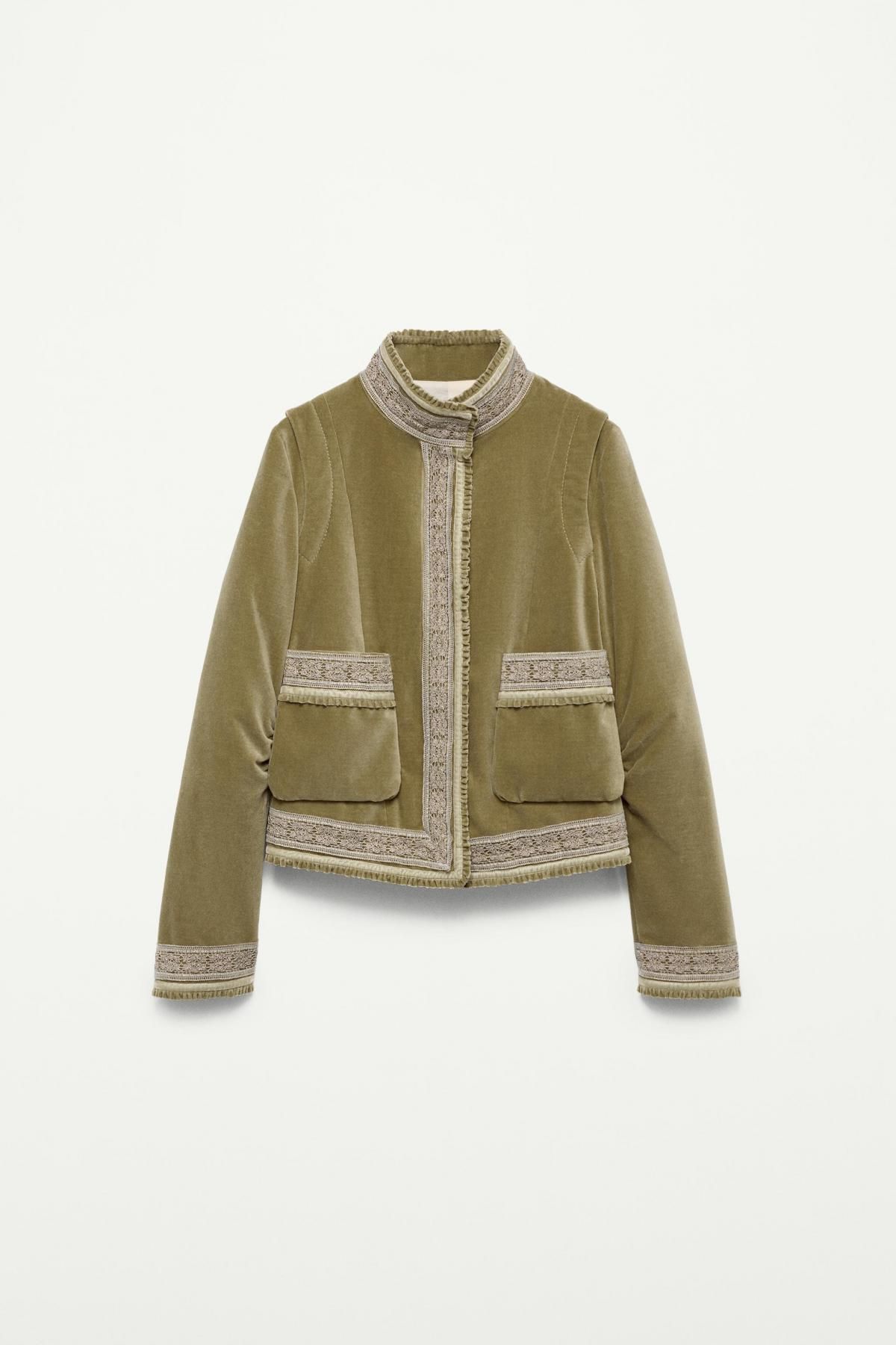 자라 벨벳 트리밍 하이넥 재킷 8975/071 LIGHT KHAKI - 상품 이미지
