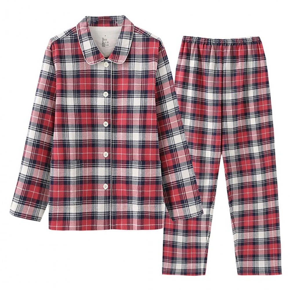 순면 레드 체크 잠옷 세트 실내복 집에서 입는옷 파자마 파티 - 상품 이미지