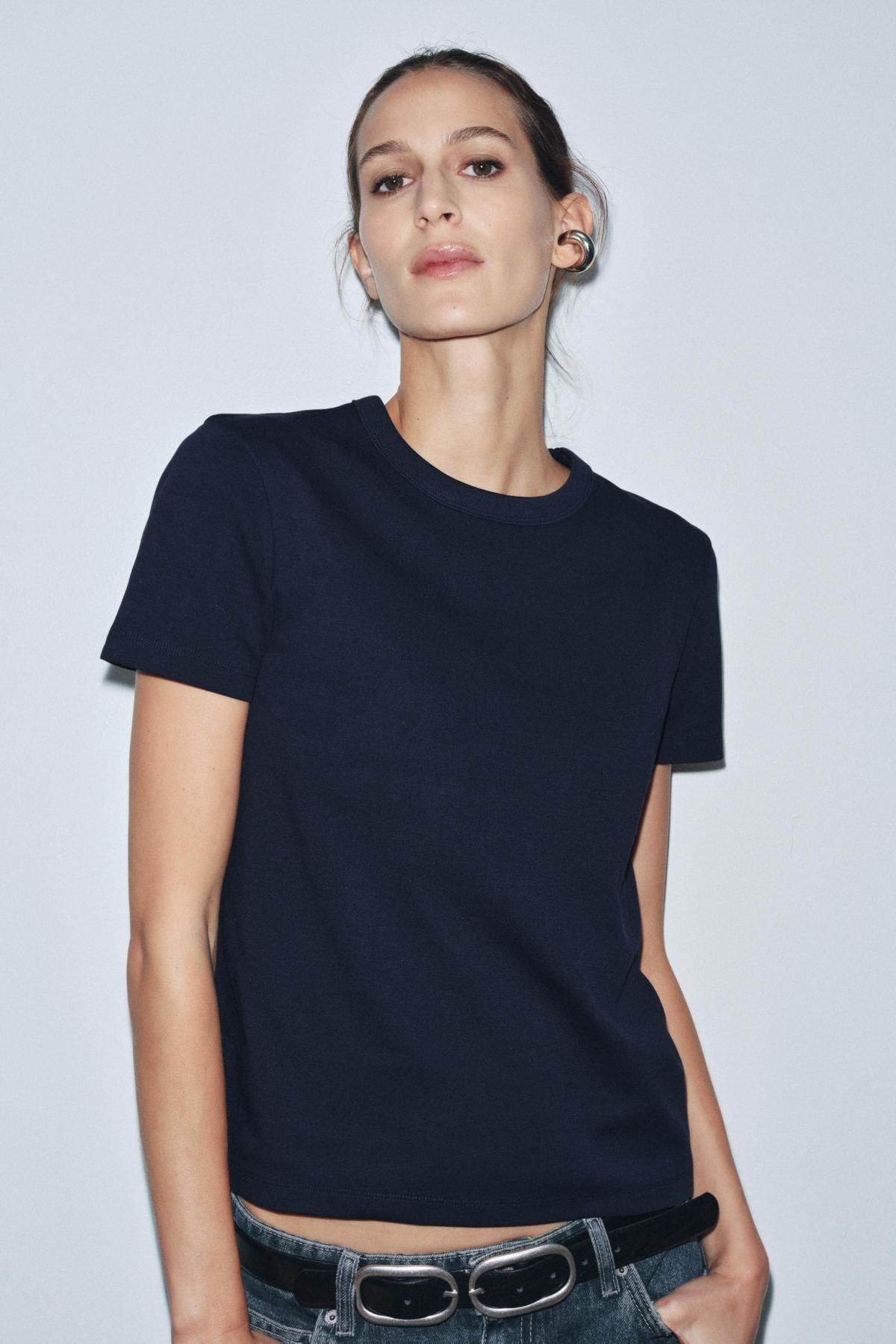 자라 베이직 네이비 인터록 반팔 티셔츠 4174/378 NAVY BLUE - 상세 이미지 2