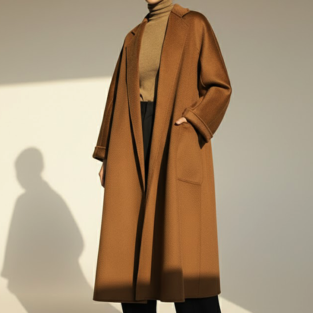 핸드메이드 여성 겨울 코트 캐시미어100 지블링 숄카라 카멜 벨티드 가벼운 롱 코트 상세 이미지 4