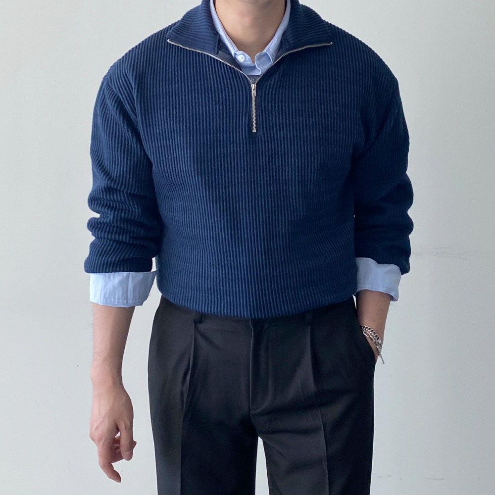 오버핏 반집업 하프집업 남자골지니트 데일리 긴팔니트 - 메인 이미지