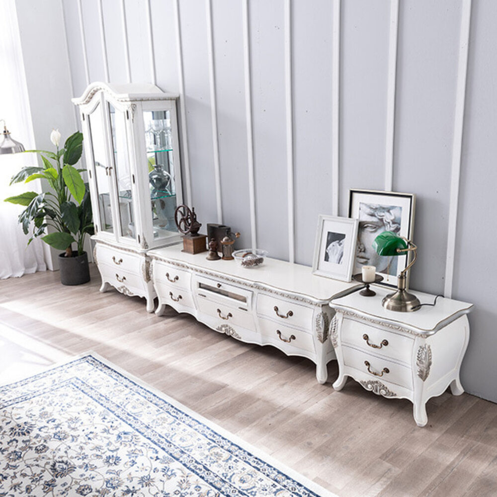 까사홈 보나뜨 엔틱 화이트 거실장 세트(유리장식장+거실장+협탁)