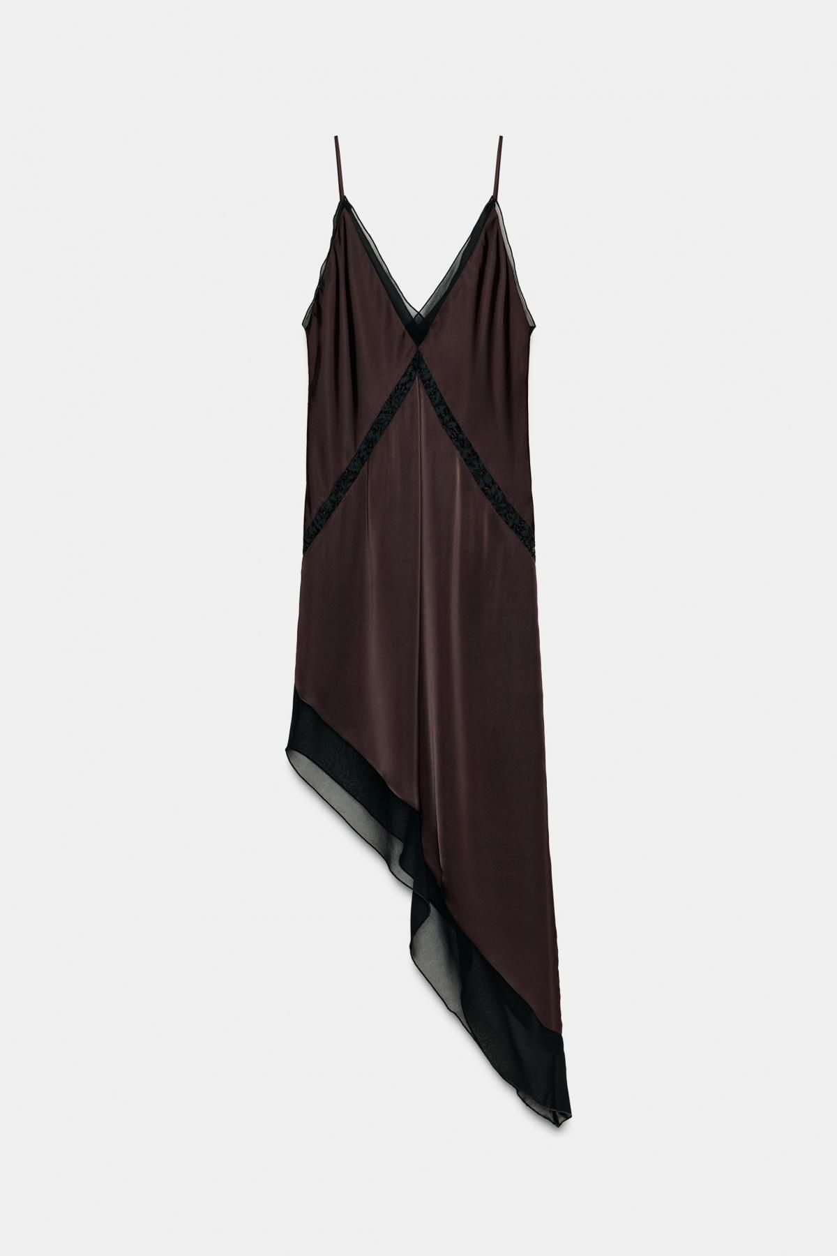 자라 새틴 비대칭 레이스 미디 원피스 9784/896 BROWN - 메인 이미지