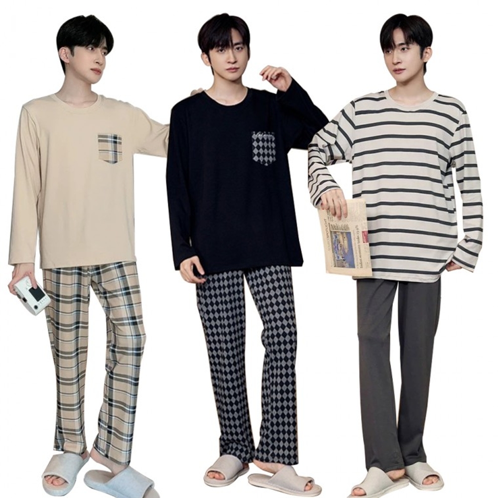 남성 긴팔 잠옷 상하의 세트 - 상품 이미지