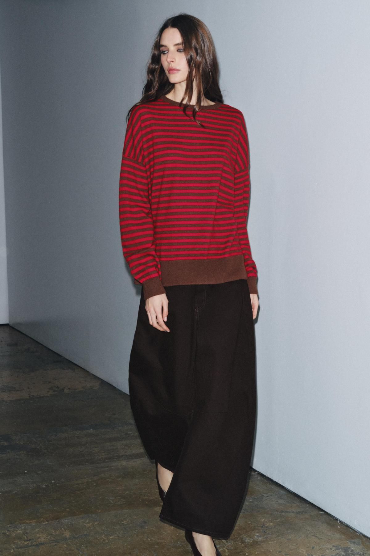 자라 프리미엄 스트라이프 울 라운드넥 스웨터 9598/137 BROWN STRIPES - 상세 이미지 5