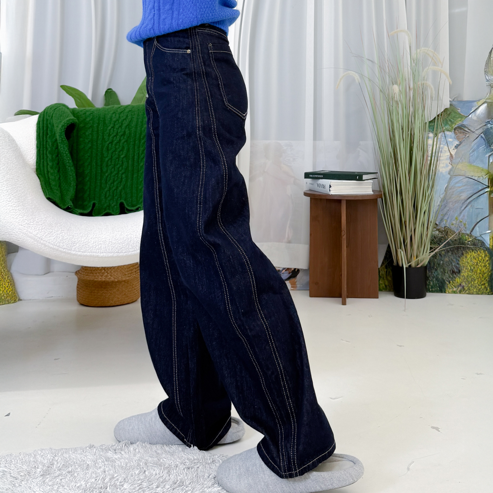 지뉴 스티치라인 벌룬 와이드 데님 | 베이직 데일리 진청 커브드 와이드 벌룬핏 청바지 빈티지 배기 오버핏 - 상세 이미지 2