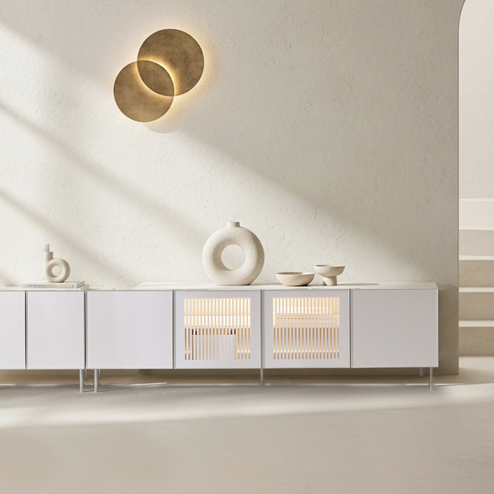 장인가구 무와 E0등급 하이그로시 티비 tv 다이 모던 슬림 높은 거실장 LED 1800+600 SET, 아이보리