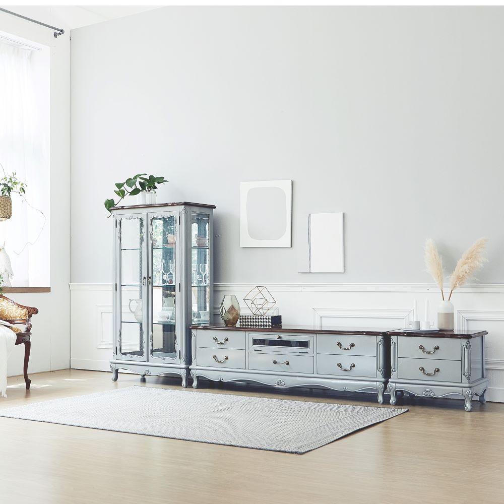 까사홈 샤인그레이 엔틱거실장세트 (유리장식장+거실장+협탁)