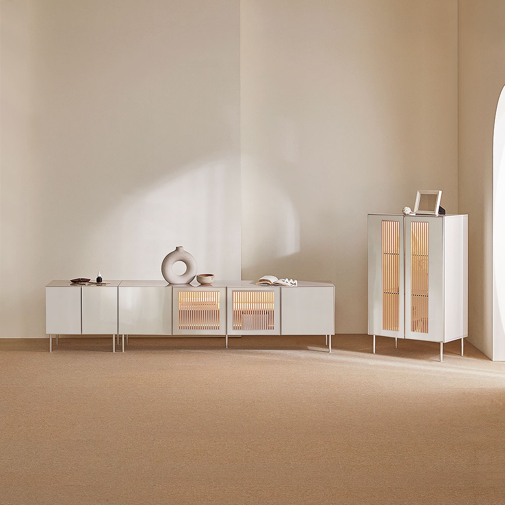 장인가구 무와 E0등급 하이그로시 티비 tv 다이 모던 슬림 높은 거실장 LED 1800, 아이보리