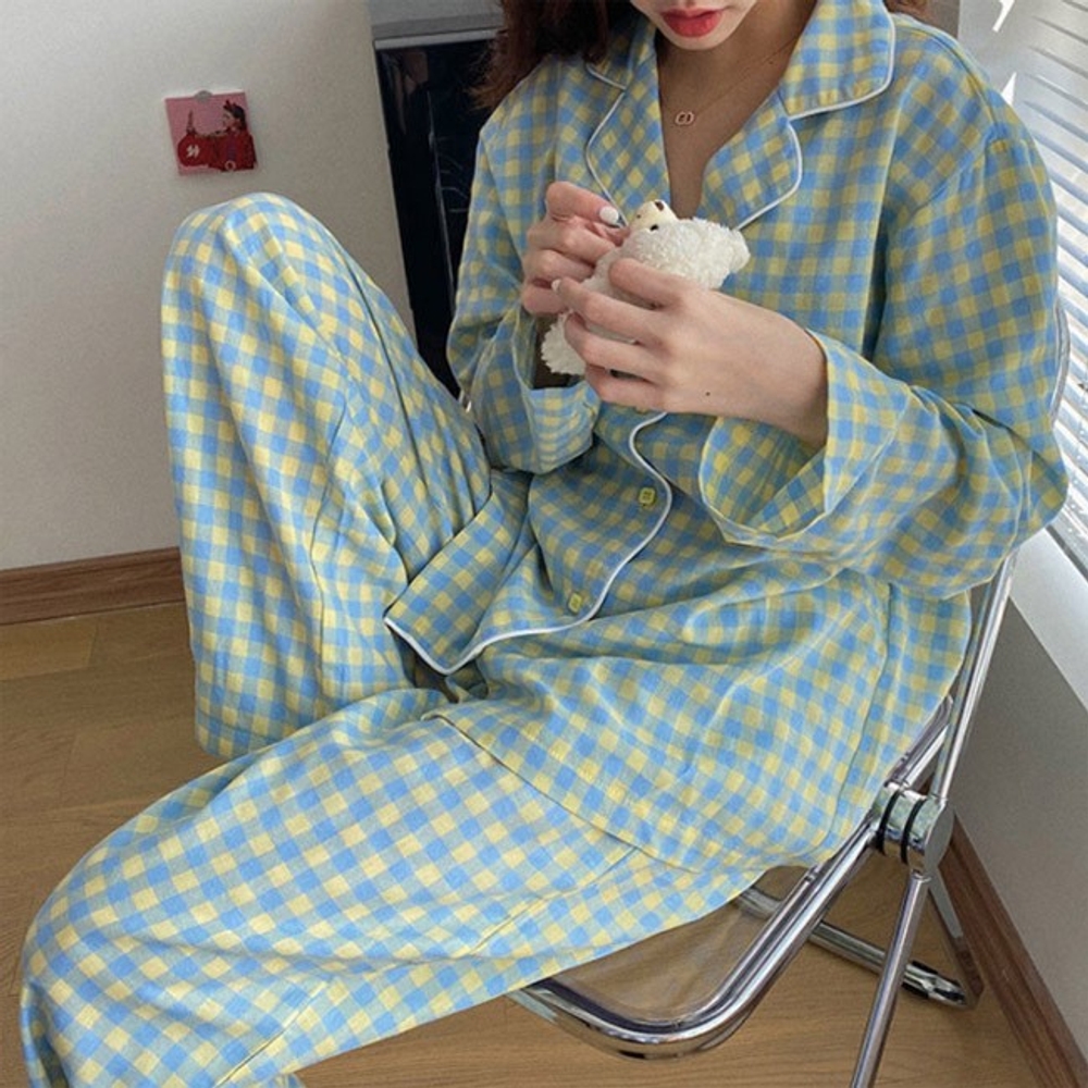 여성 체크잠옷 깔끔한 파자마 사계절잠옷 잠옷세트 - 메인 이미지