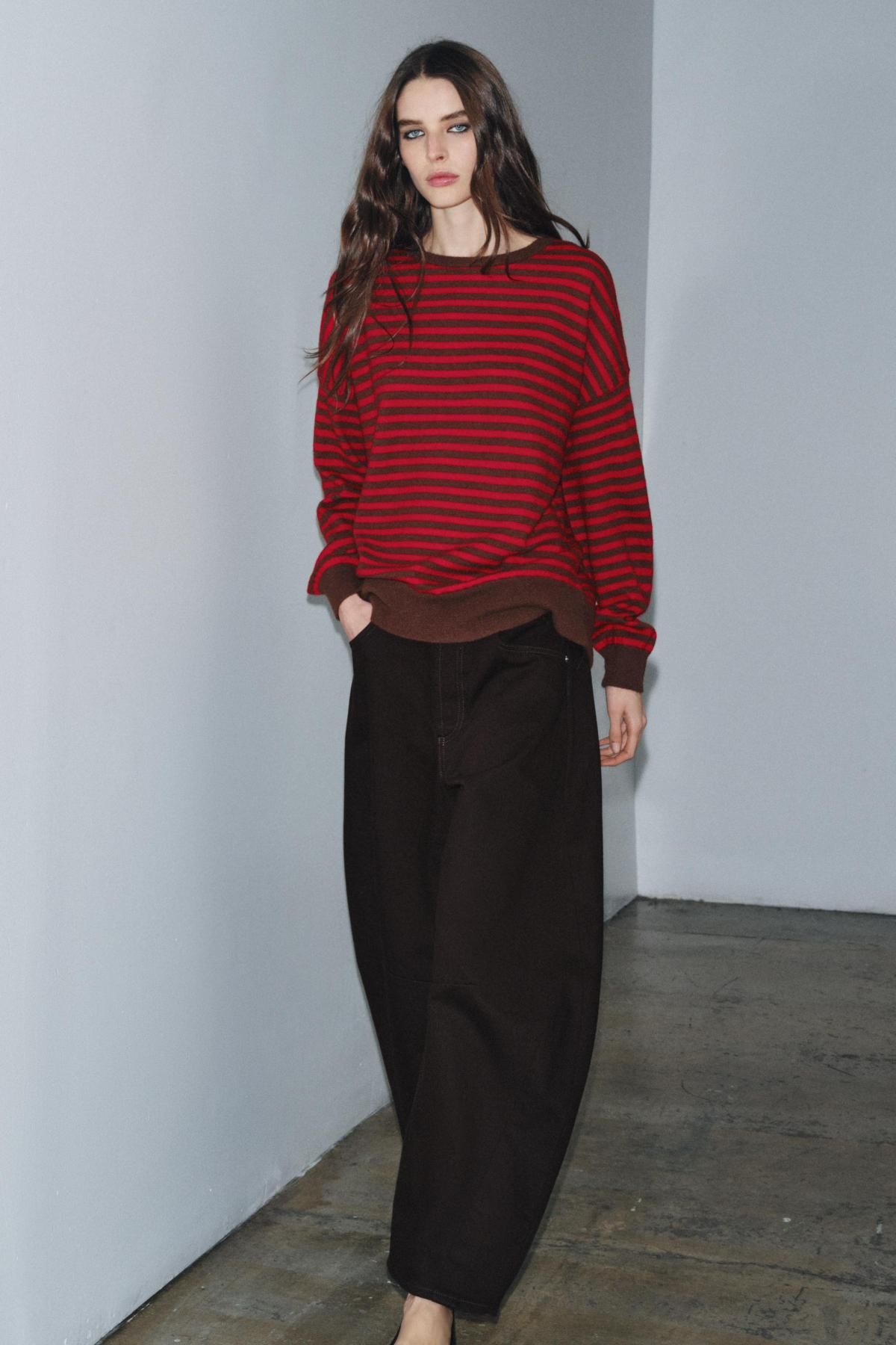 자라 프리미엄 스트라이프 울 라운드넥 스웨터 9598/137 BROWN STRIPES - 상세 이미지 2