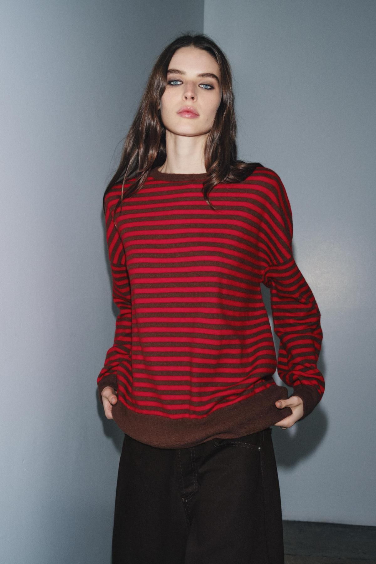자라 프리미엄 스트라이프 울 라운드넥 스웨터 9598/137 BROWN STRIPES - 상세 이미지 3