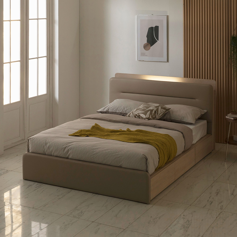 장인가구 루아 터치센서 LED 가죽헤드 3서랍 수납침대 Q 라텍폼스 7존독립