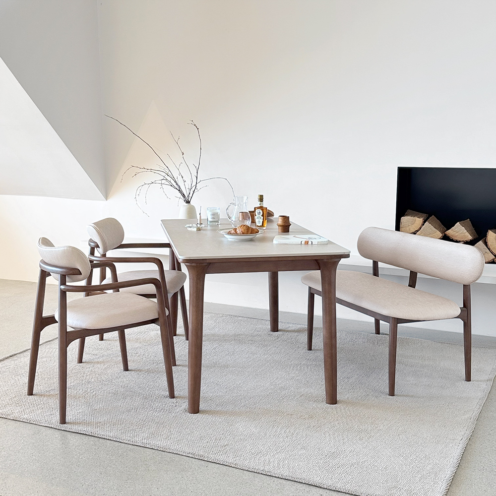 로포텐 오로라 4인용 원목 양면 포세린 세라믹 식탁세트 식탁+의자2+벤치1, 1400mm