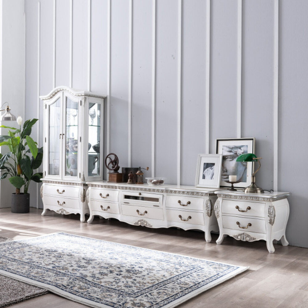 까사홈 보나뜨 엔틱 화이트 거실장 세트(유리장식장+거실장+협탁)