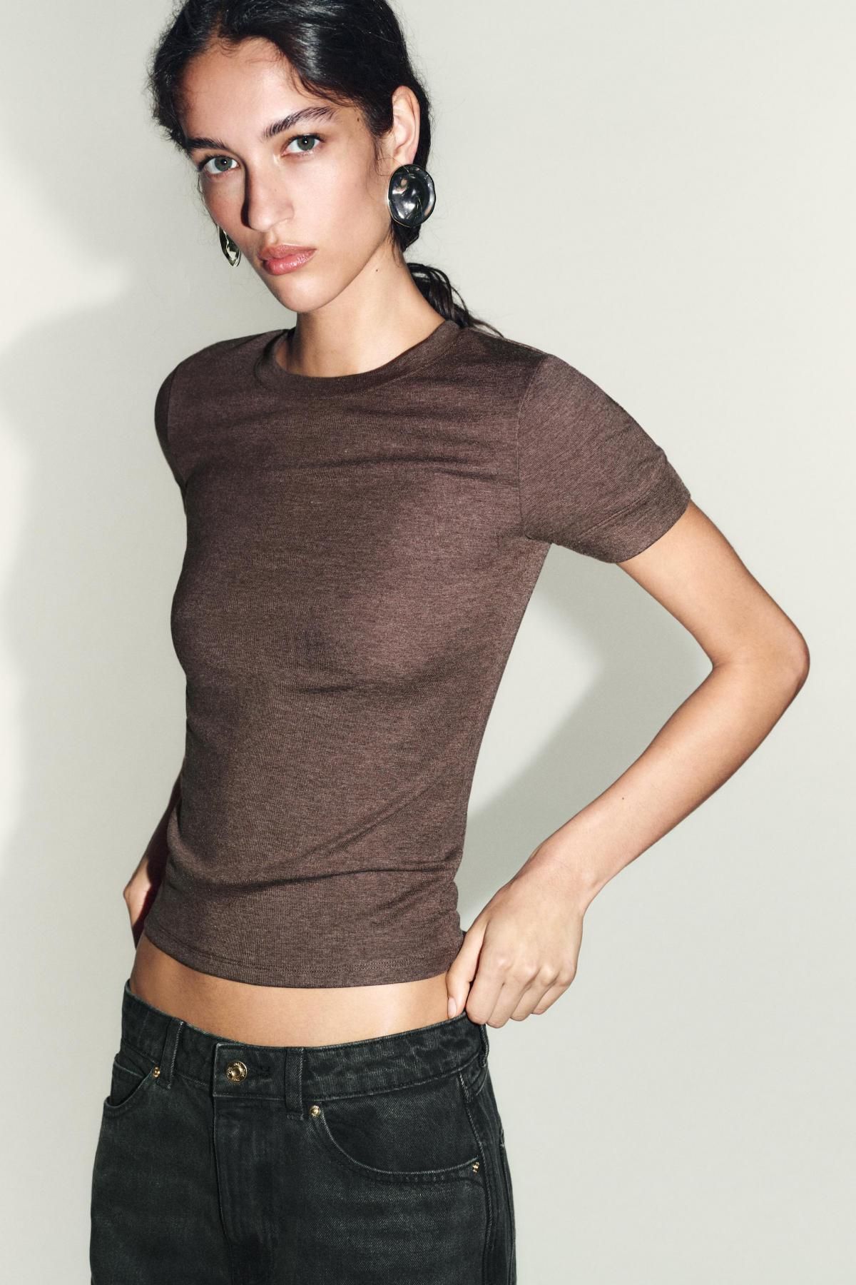 자라 라운드넥 반팔 티셔츠 레귤러핏 2335/637 BROWN MARL - 상세 이미지 3