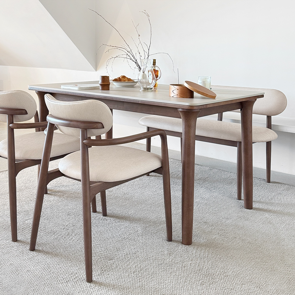 로포텐 오로라 4인용 원목 양면 포세린 세라믹 식탁세트 식탁+의자2+벤치1, 1400mm