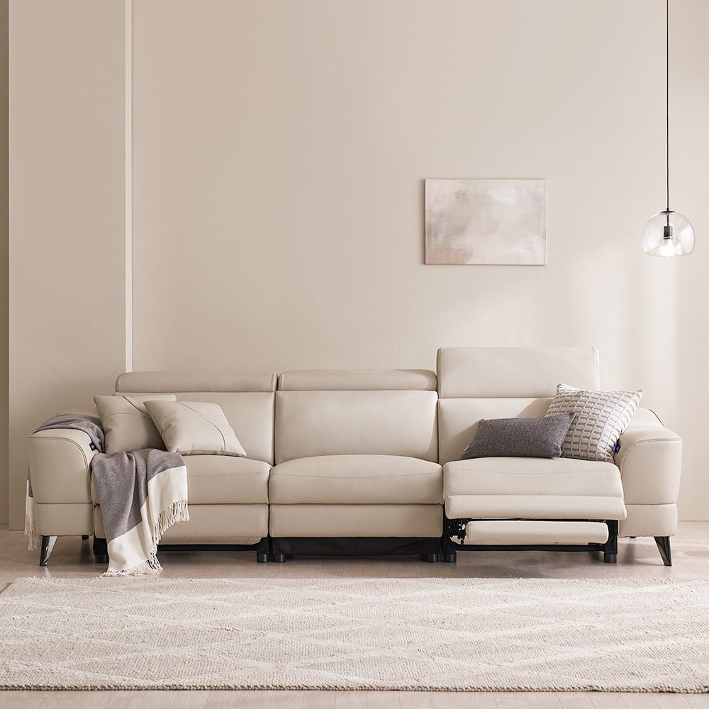 장인가구 파테르 제로월 양방향 전동 가죽 리클라이너 소파 스툴미포함, 아이보리, 3인용