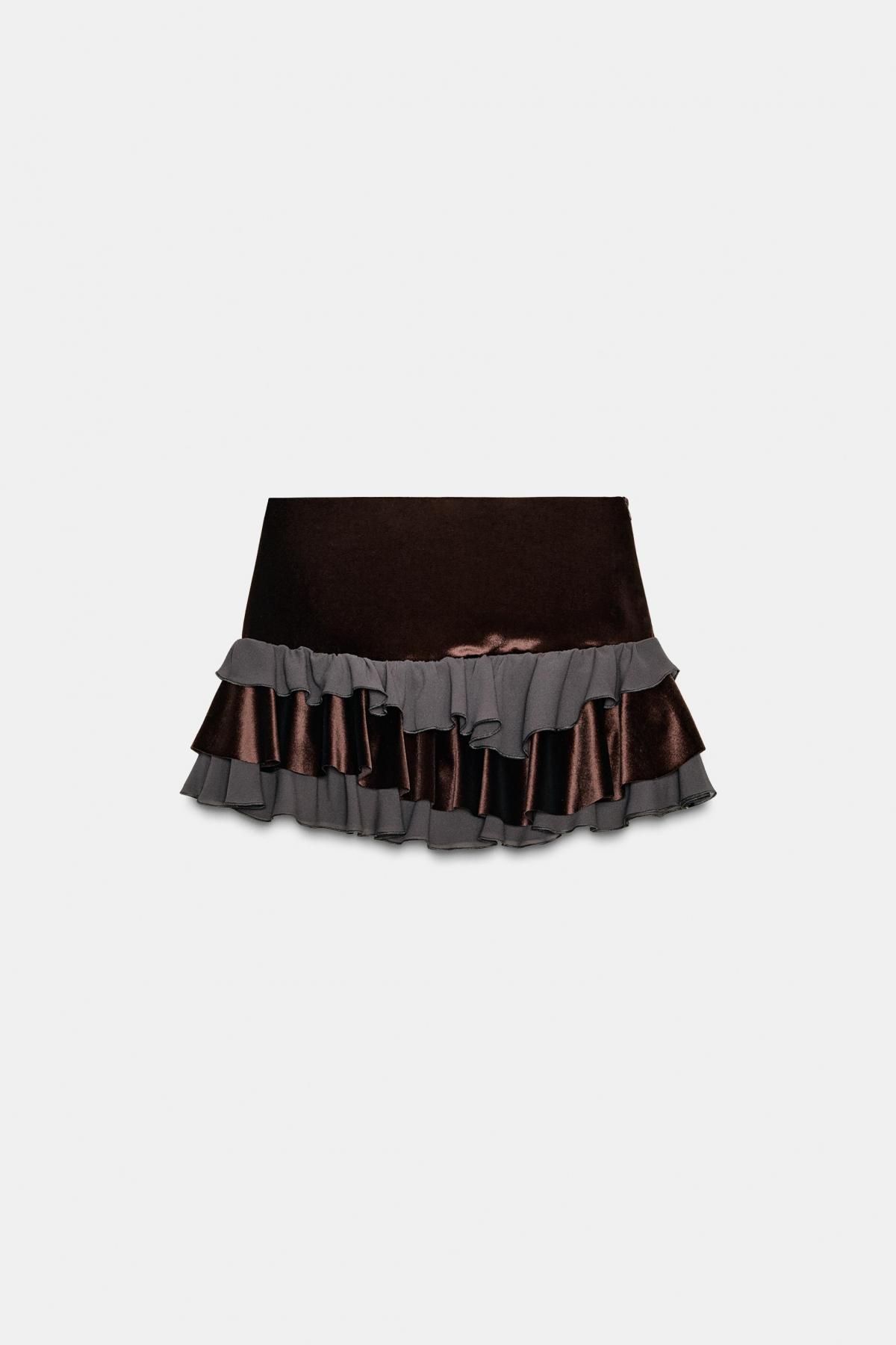 자라 벨벳 프릴 콤비 미니 스커트 6929/520 DARK BROWN - 상품 이미지