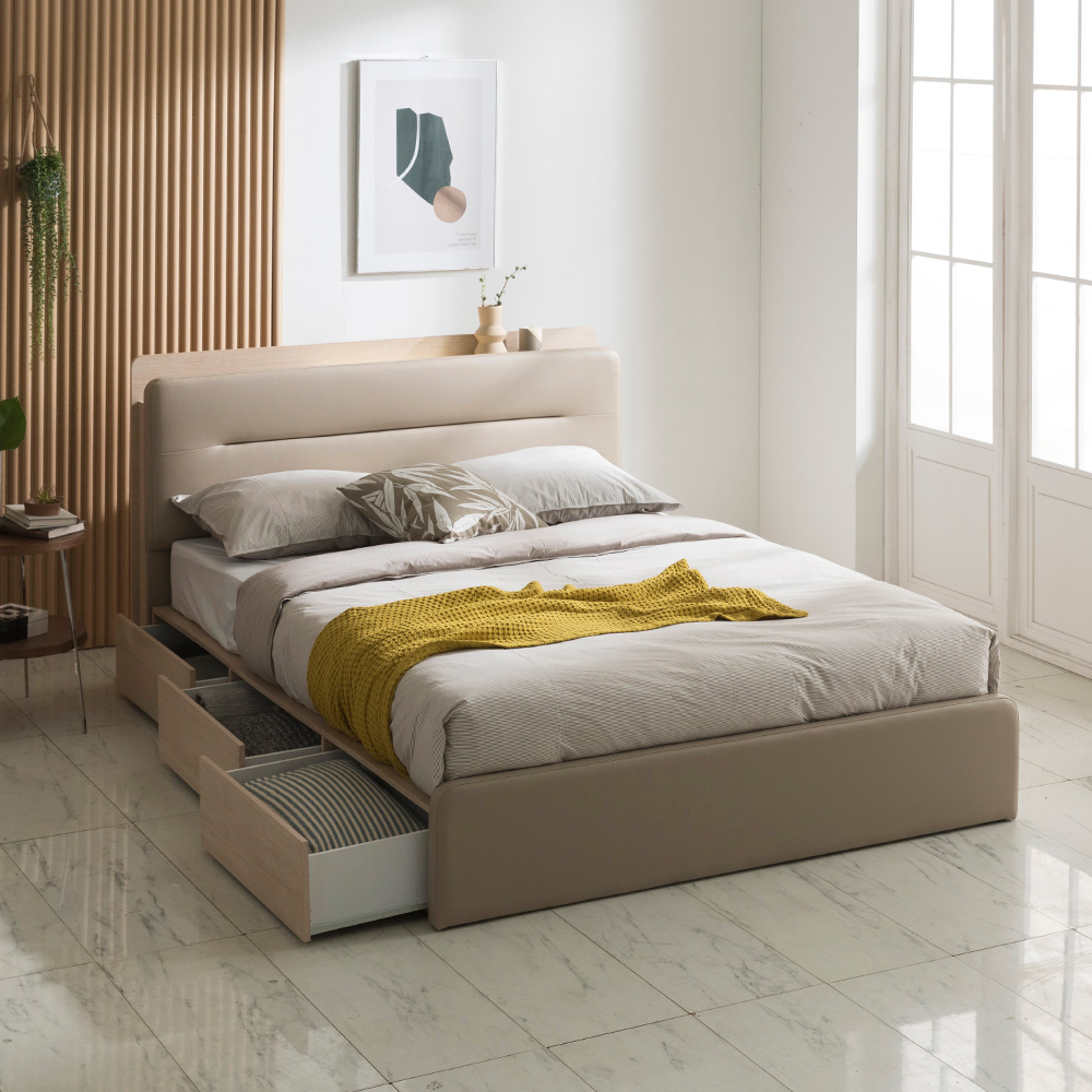 장인가구 루아 터치센서 LED 가죽헤드 3서랍 수납침대 Q 라텍폼스 7존독립