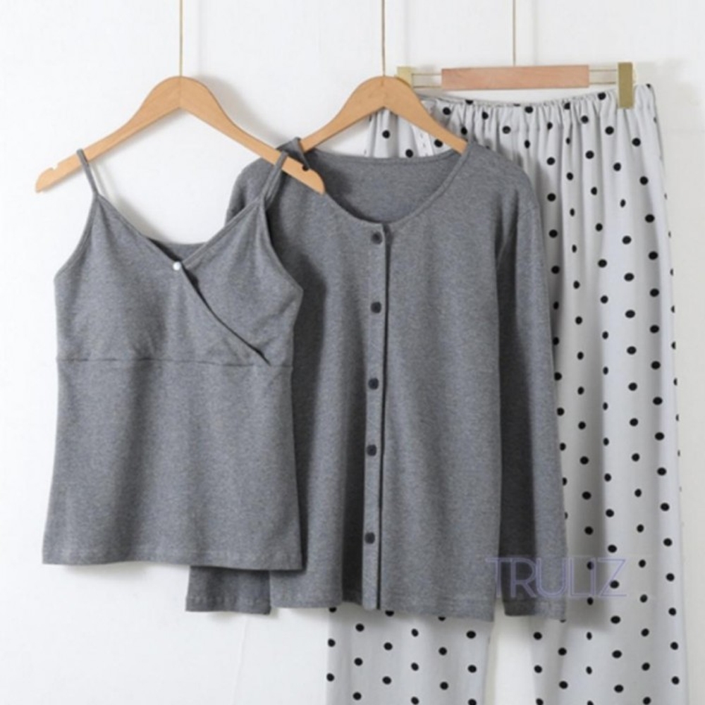 여성 홈웨어 순면 잠옷 세트 산모 파자마 3pcs - 상품 이미지