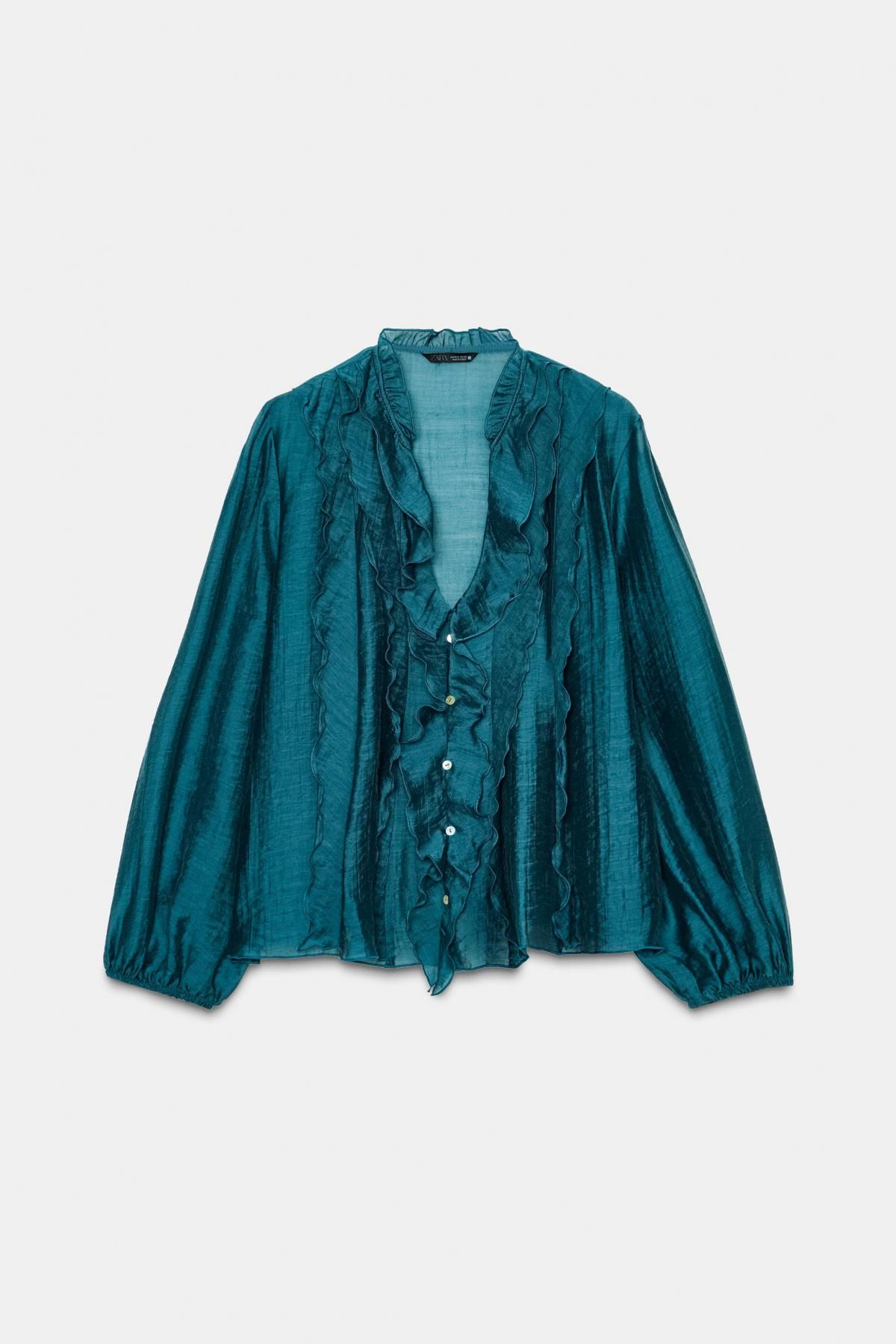 자라 로맨틱 러플 브이넥 블라우스 5029/209 BOTTLE GREEN - 상품 이미지