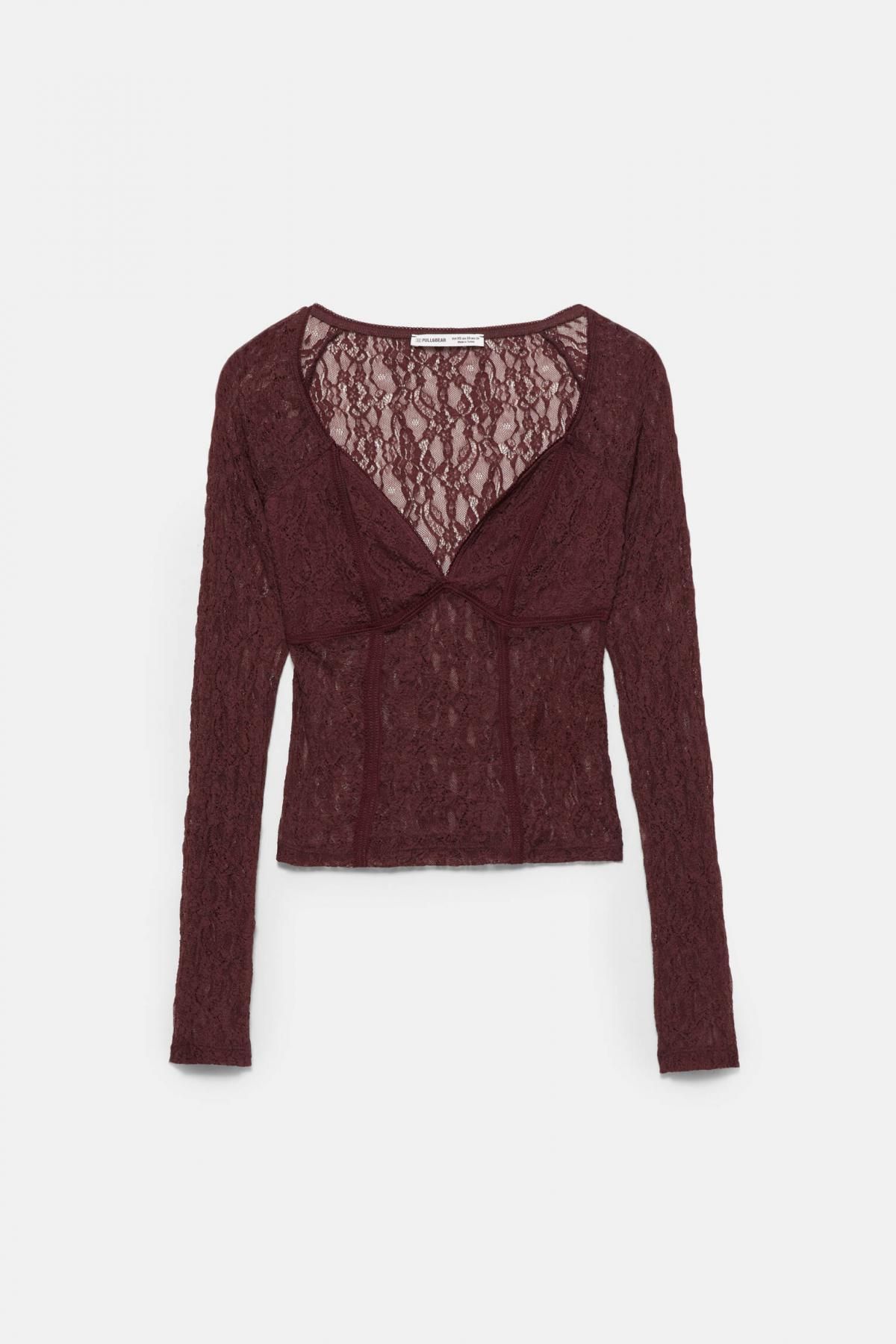 풀앤베어 코르셋 레이스 브이넥 긴팔 탑 7153/354 BURGUNDY - 상품 이미지