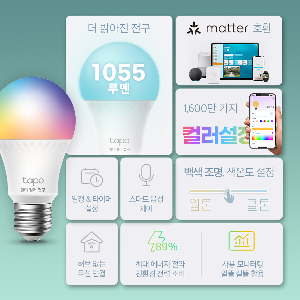 티피링크 Tapo L535E 1100루멘 스마트 멀티컬러 LED 조명 9W, 전구색, 1개 이미지 2