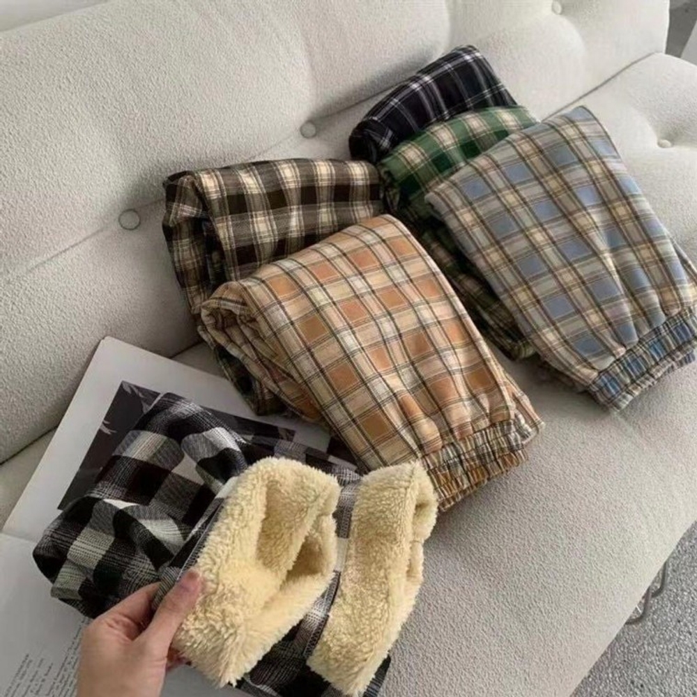 뽀글이 체크 바지 기모 팬츠 따뜻한 캐주얼 겨울 밴딩 와이드 루즈 여성 외출복 실내복 - 상품 이미지