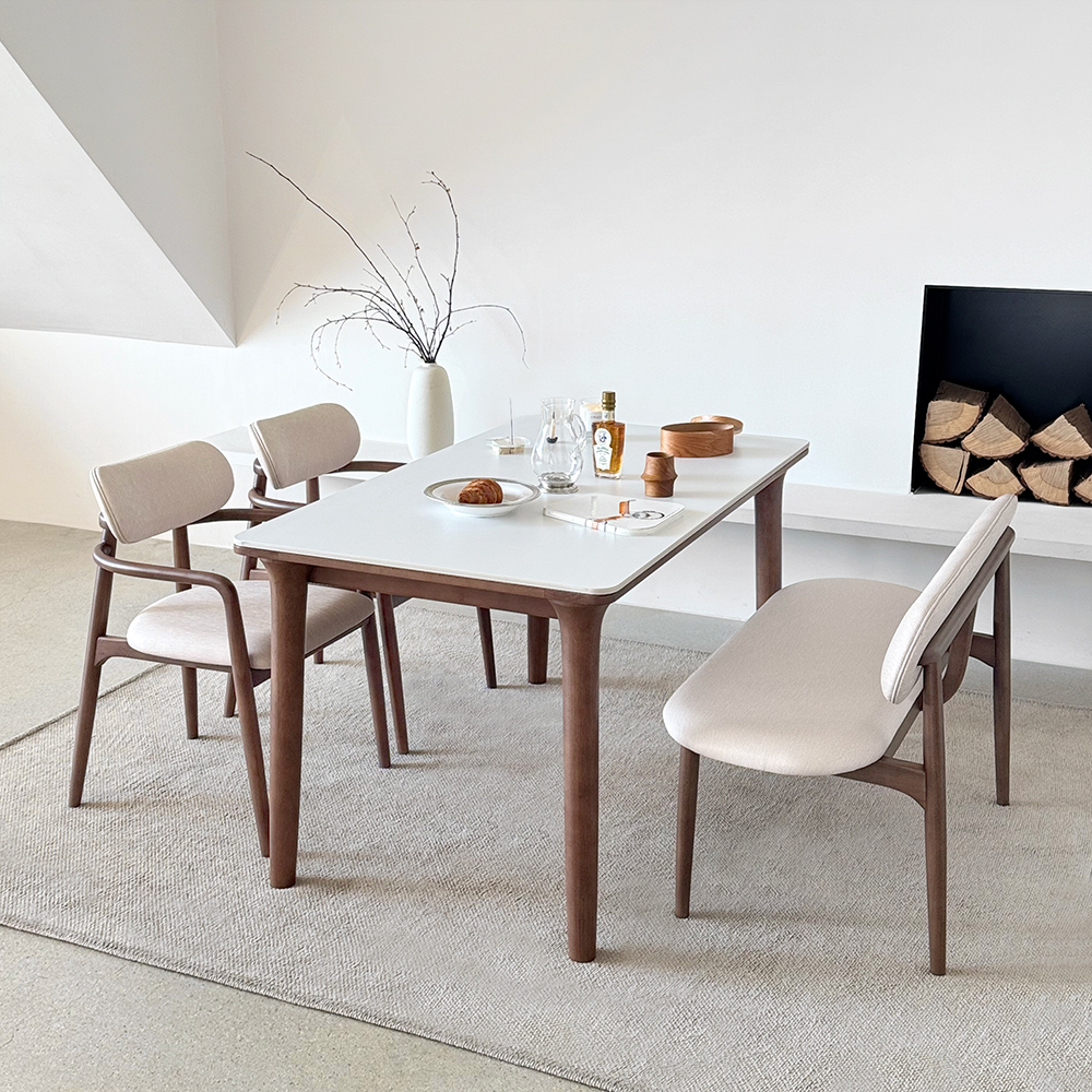 로포텐 오로라 4인용 원목 양면 포세린 세라믹 식탁세트 식탁+의자2+벤치1, 1400mm