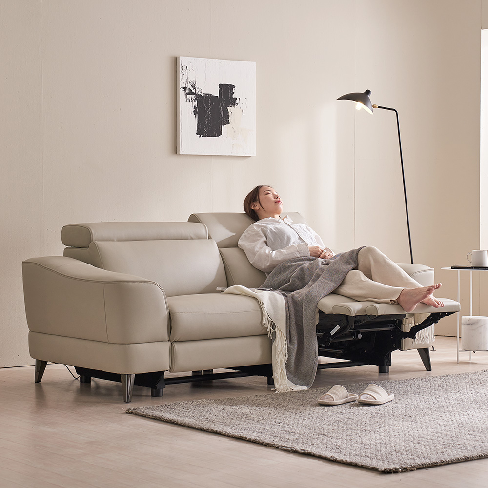 장인가구 파테르 제로월 양방향 전동 가죽 리클라이너 소파 스툴미포함, 아이보리, 3인용