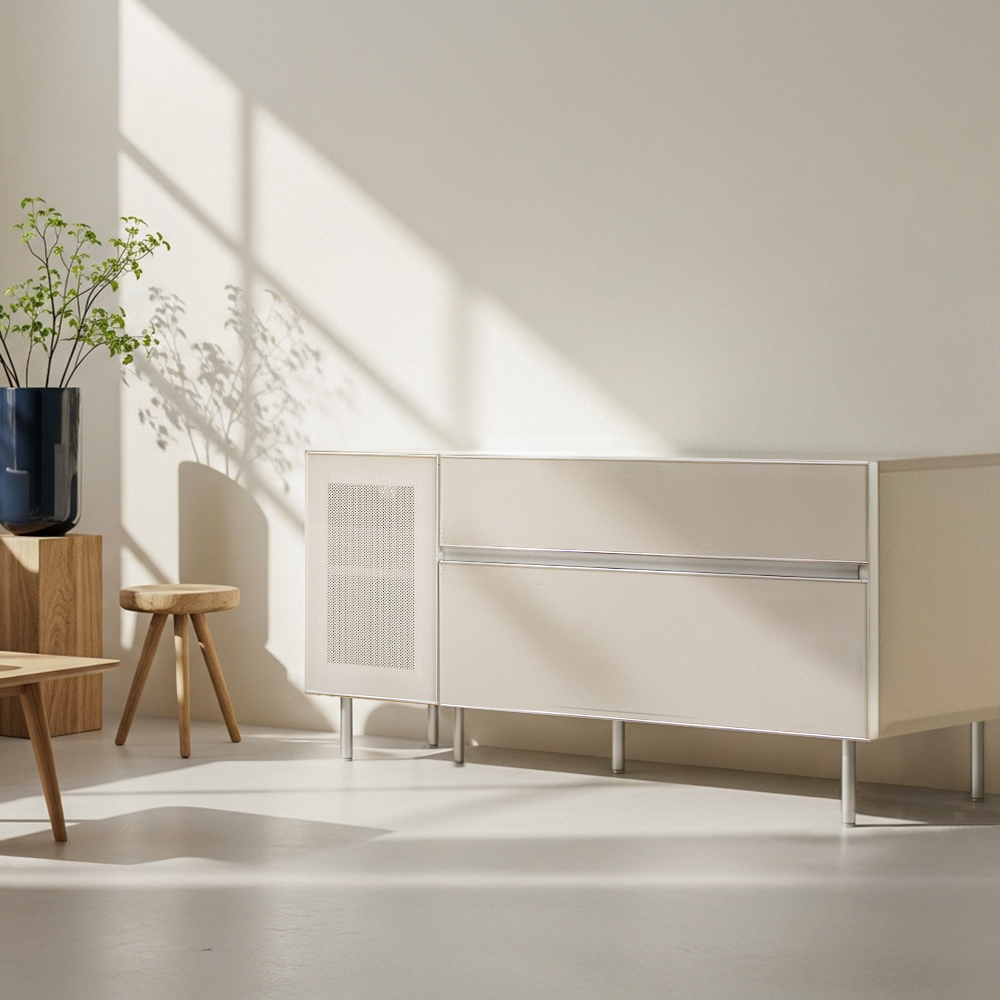 장인가구 무와 E0등급 하이그로시 티비 tv 다이 모던 슬림 높은 거실장 1200, 아이보리