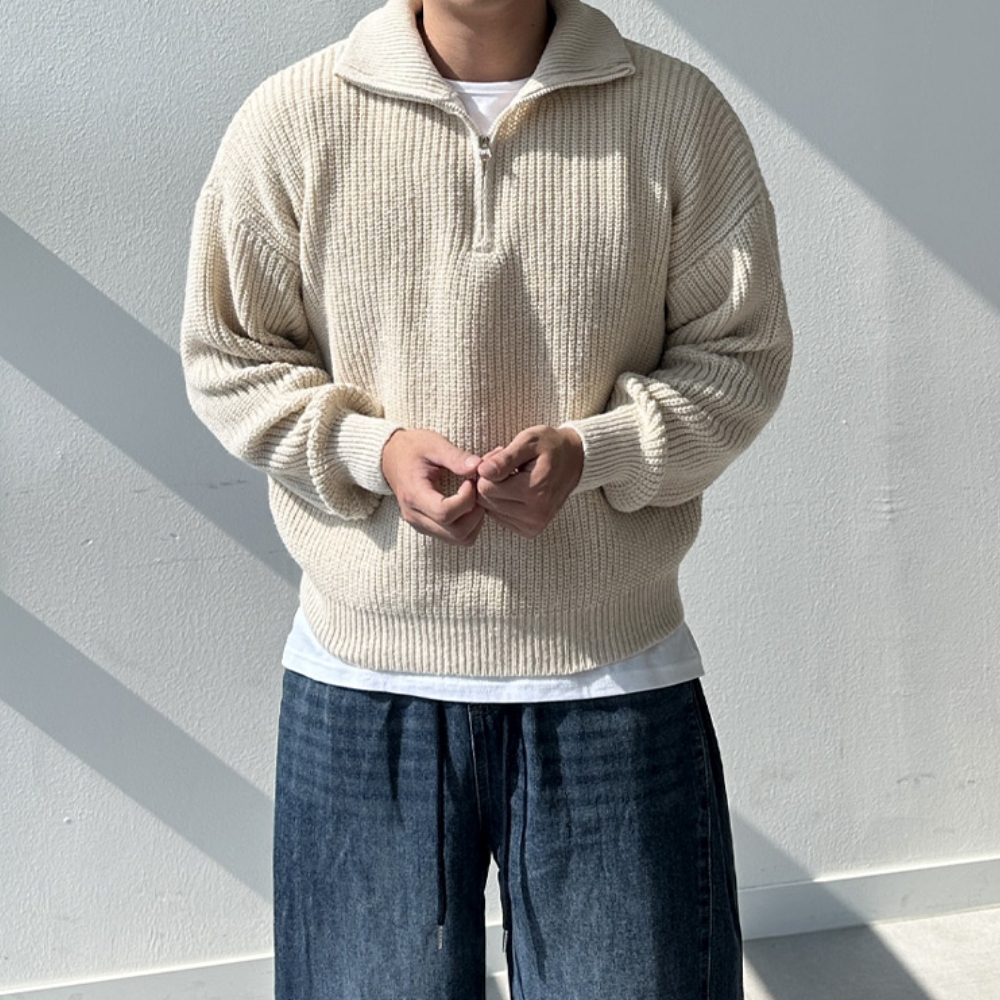 남자 로리 루즈 오버핏 겨울 두꺼운 하이넥 반집업 니트 - 상세 이미지 3