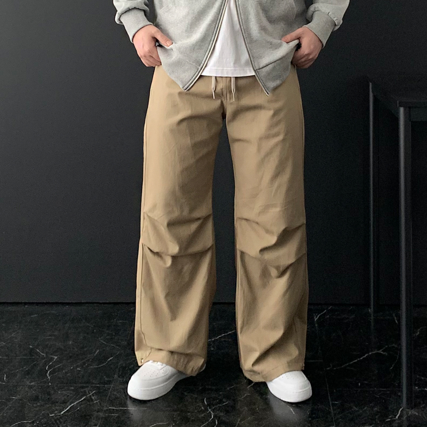 무릎 핀턱 사이드 원턱 커브드 벌룬 코튼 와이드 팬츠 면바지 조거팬츠 - 상세 이미지 3