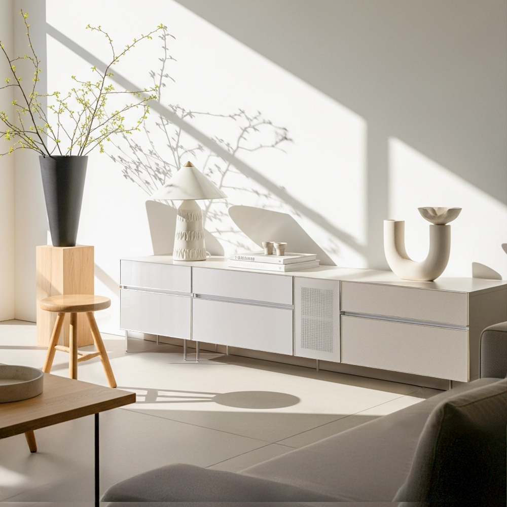 장인가구 무와 E0등급 하이그로시 티비 tv 다이 모던 슬림 높은 거실장 1800+600 SET, 아이보리