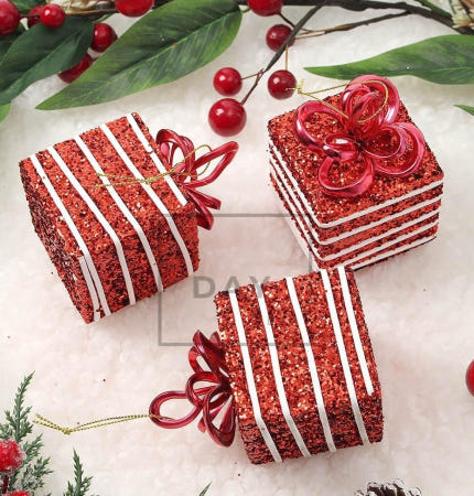 트렌디프레소 협력사 데이슬롯 레드 트리오너먼트 3p 줄무늬상자 루비레드장식 트리꾸미기소품